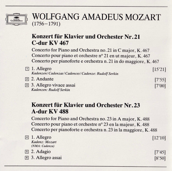 Wolfgang Amadeus Mozart – London Symphony Orchestra - Rudolf Serkin - Claudio Abbado : Klavierkonzerte · Piano Concertos Nos. 21 & 23 (CD, Album, RE)