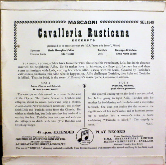 Pietro Mascagni : Cavalleria Rusticana - Excerpts (7", EP, Mono)