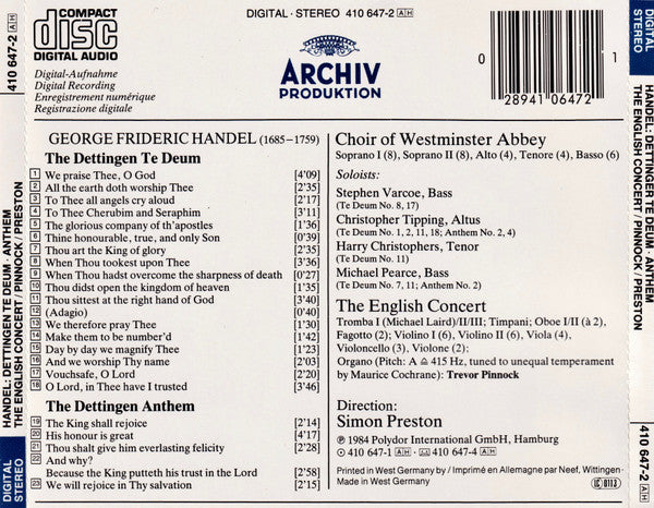 Georg Friedrich Händel - The Choir Of Westminster Abbey, The English Concert, Trevor Pinnock, Simon Preston : Dettingen Te Deum - Dettingen Anthem (CD, Album)