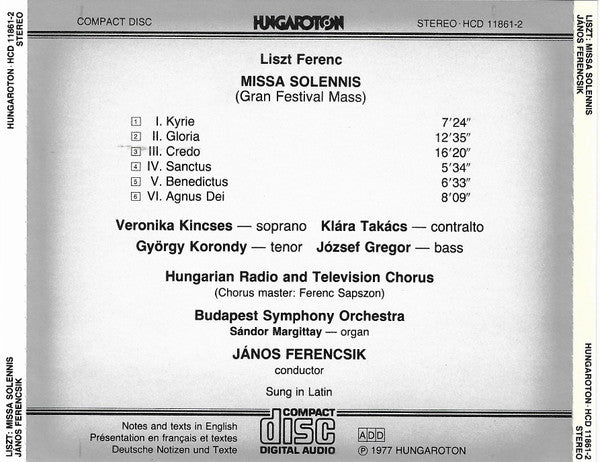 Franz Liszt : Missa Solennis (Gran Festival Mass) (CD, RE)