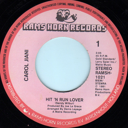Carol Jiani : Hit 'N Run Lover (7", Single)