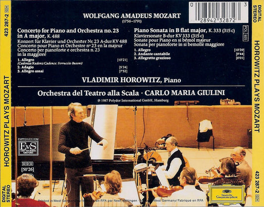 Vladimir Horowitz Plays Wolfgang Amadeus Mozart – Orchestra Del Teatro Alla Scala, Carlo Maria Giulini : Piano Concerto No. 23 K. 488 • Piano Sonata K. 333 (CD, Album, PDO)