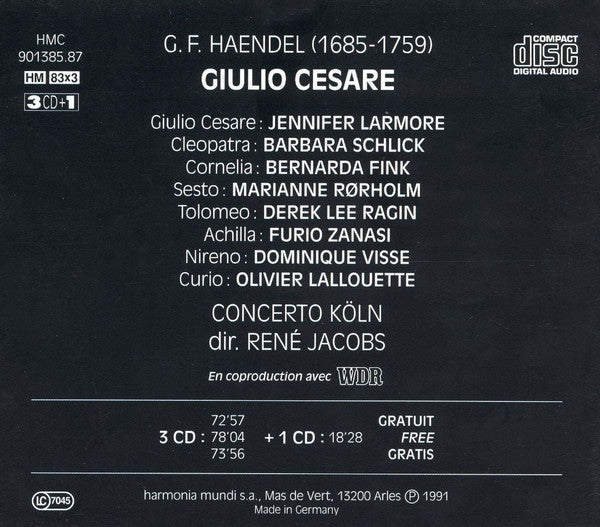 Georg Friedrich Händel - Jennifer Larmore, Barbara Schlick, Bernarda Fink, Marianne Rørholm, Derek Lee Ragin, Furio Zanasi, Dominique Visse, Olivier Lallouette, Concerto Köln, René Jacobs : Giulio Cesare (4xCD + Box, Sli)