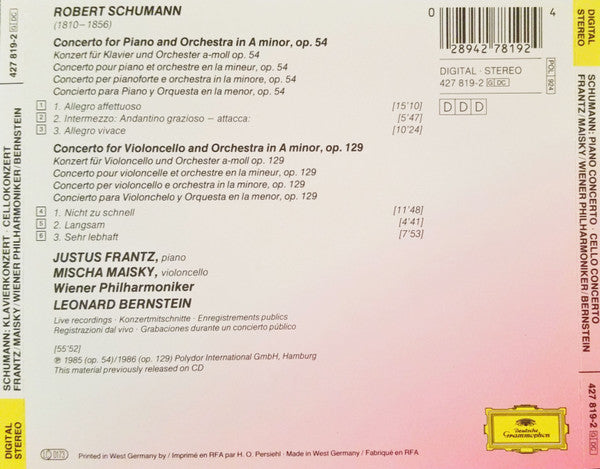 Robert Schumann - Justus Frantz, Mischa Maisky, Wiener Philharmoniker, Leonard Bernstein : Klavierkonzert · Cellokonzert = Piano Concerto · Cello Concerto (CD)