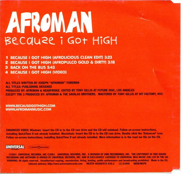 Afroman : Because I Got High (CD, Single, Enh, Fre)