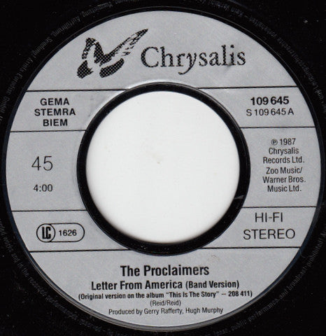 The Proclaimers : Letter From America (Band Version) (7", Single)