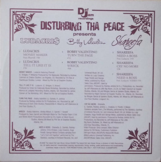 Ludacris / Bobby Valentino (2) / Shareefa : Disturbing Tha Peace Presents (CD, Promo, Smplr, Car)