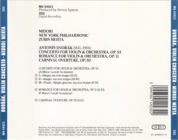 Midori Goto, Zubin Mehta, Antonín Dvořák, New York Philharmonic : Violin Concerto - Romance - Carnival Overture (CD, Album)