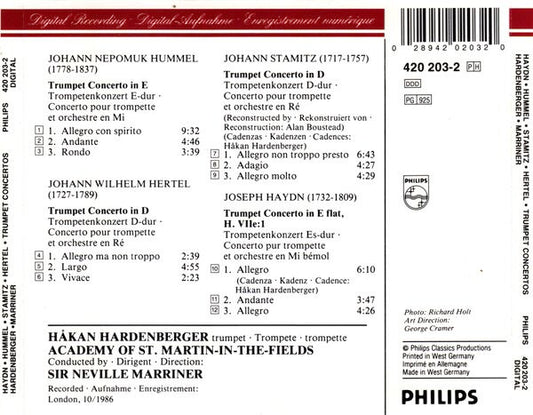 Joseph Haydn, Johann Nepomuk Hummel, Johann Wilhelm Hertel, Jan Václav Antonín Stamic, Håkan Hardenberger, The Academy Of St. Martin-in-the-Fields, Sir Neville Marriner : Trumpet Concertos (CD, Album)
