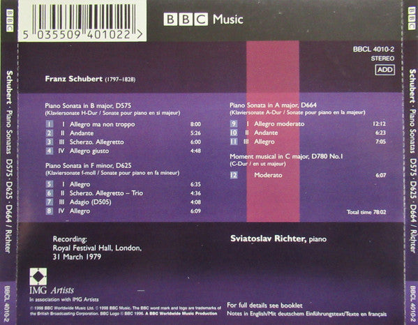 Sviatoslav Richter, Franz Schubert : Piano Sonatas, D575, D625, D664 / Moment Musical, D780 No.1 (CD)