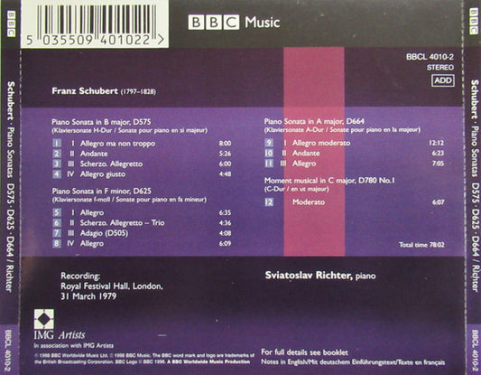 Sviatoslav Richter, Franz Schubert : Piano Sonatas, D575, D625, D664 / Moment Musical, D780 No.1 (CD)