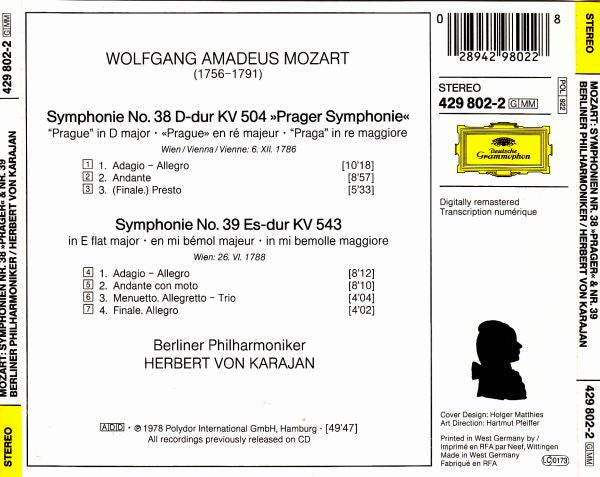 Wolfgang Amadeus Mozart : Berliner Philharmoniker, Herbert Von Karajan : Symphonien Nr. 38 »Prager« & Nr. 39 (CD, Album, RE, RM)