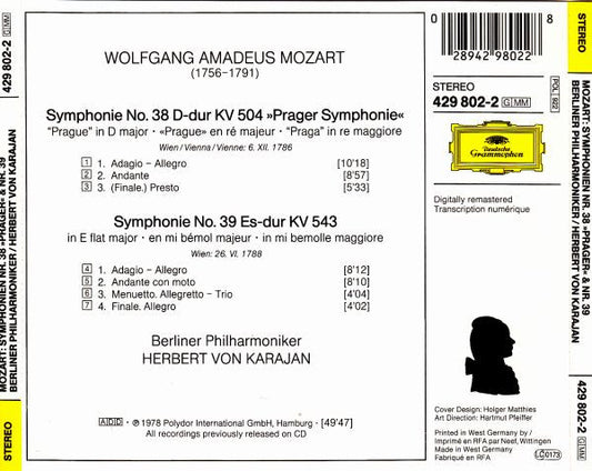 Wolfgang Amadeus Mozart : Berliner Philharmoniker, Herbert Von Karajan : Symphonien Nr. 38 »Prager« & Nr. 39 (CD, Album, RE, RM)