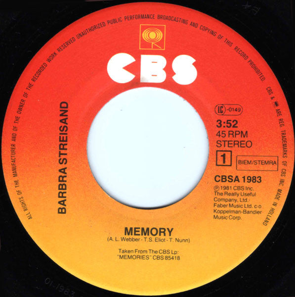 Barbra Streisand : Memory (7", Single)