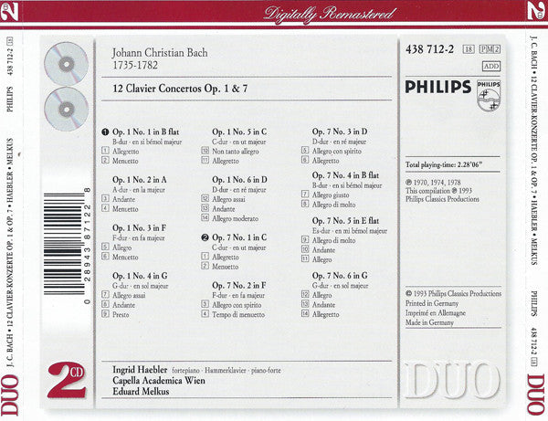 Johann Christian Bach ; Ingrid Haebler, Capella Academica Wien, Eduard Melkus : 12 Clavier Concertos Op. 1 & 7 (2xCD, Comp, RM)