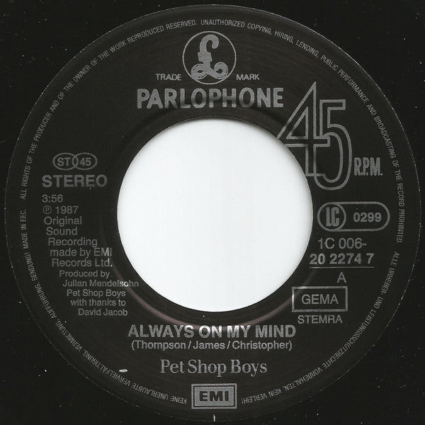 Pet Shop Boys : Always On My Mind (7", Single)