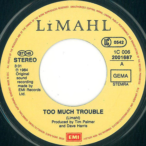 Limahl : Too Much Trouble (7", Single)