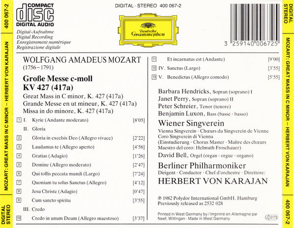 Wolfgang Amadeus Mozart, Barbara Hendricks, Janet Perry, Peter Schreier, Benjamin Luxon, Wiener Singverein, Berliner Philharmoniker, Herbert von Karajan : Grosse Messe C-Moll = Great Mass In C Minor = Grande Messe En Ut Mineur, K. 427 (CD, RE)