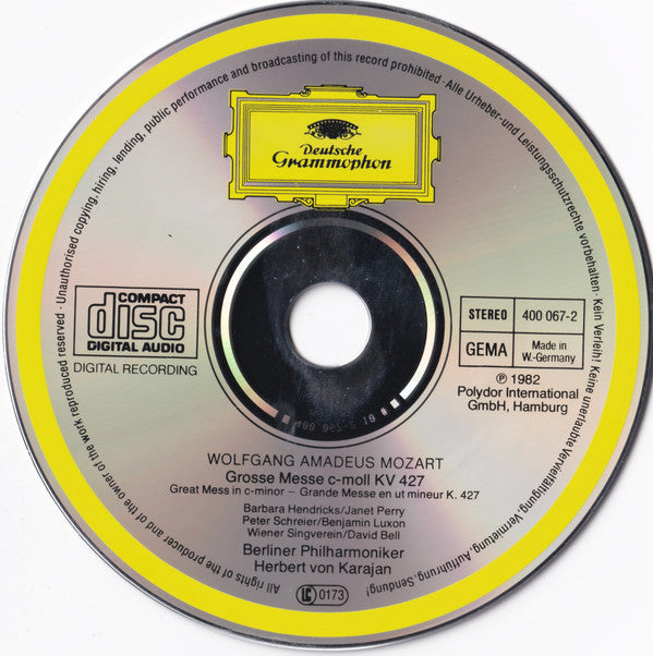 Wolfgang Amadeus Mozart, Barbara Hendricks, Janet Perry, Peter Schreier, Benjamin Luxon, Wiener Singverein, Berliner Philharmoniker, Herbert von Karajan : Grosse Messe C-Moll = Great Mass In C Minor = Grande Messe En Ut Mineur, K. 427 (CD, RE)