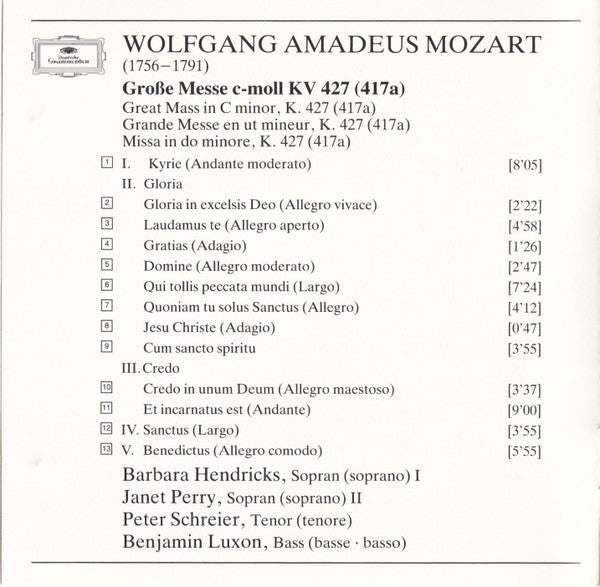 Wolfgang Amadeus Mozart, Barbara Hendricks, Janet Perry, Peter Schreier, Benjamin Luxon, Wiener Singverein, Berliner Philharmoniker, Herbert von Karajan : Grosse Messe C-Moll = Great Mass In C Minor = Grande Messe En Ut Mineur, K. 427 (CD, RE)