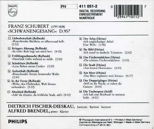 Franz Schubert - Dietrich Fischer-Dieskau & Alfred Brendel : Schwanengesang (CD, Album, Blu)
