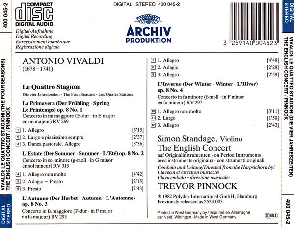 Antonio Vivaldi - The English Concert, Simon Standage, Trevor Pinnock : Le Quattro Stagioni = Die Vier Jahreszeiten = The Four Seasons = Les Quatre Saisons (CD, Album, RE)