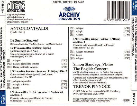 Antonio Vivaldi - The English Concert, Simon Standage, Trevor Pinnock : Le Quattro Stagioni = Die Vier Jahreszeiten = The Four Seasons = Les Quatre Saisons (CD, Album, RE)