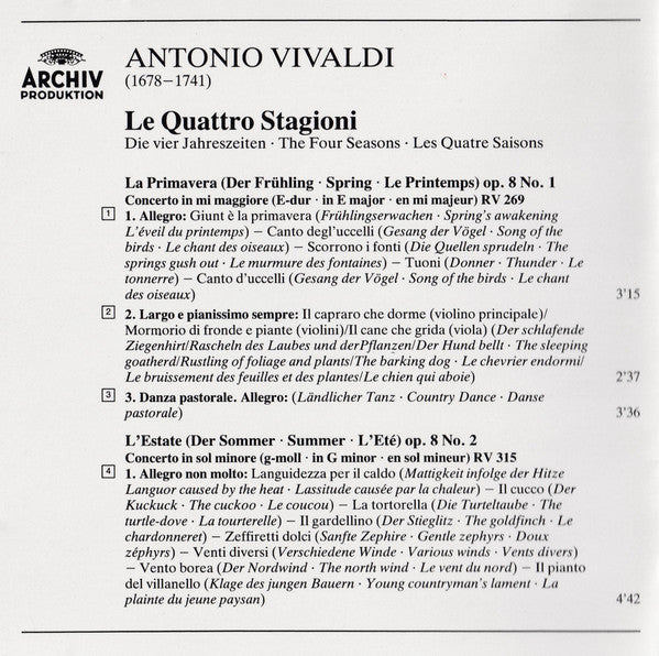 Antonio Vivaldi - The English Concert, Simon Standage, Trevor Pinnock : Le Quattro Stagioni = Die Vier Jahreszeiten = The Four Seasons = Les Quatre Saisons (CD, Album, RE)