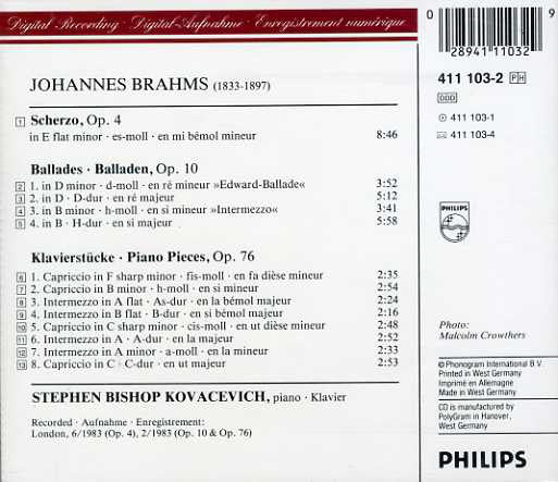 Johannes Brahms, Stephen Bishop-Kovacevich : 4 Ballades Op. 10 · Scherzo Op. 4 · 8 Piano Pieces = 8 Klavierstücke Op. 76 (CD, Album, RE)