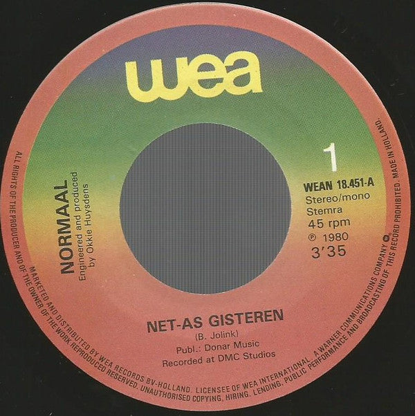 Normaal : Net-As Gisteren (7", Mono)