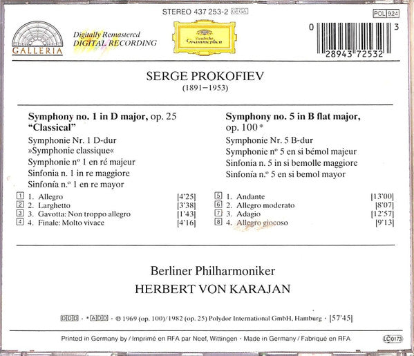 Prokofiev* - Berliner Philharmoniker, Herbert Von Karajan : Symphonies: No.1 "Classical" & No. 5 (CD, Comp, RE, RM)