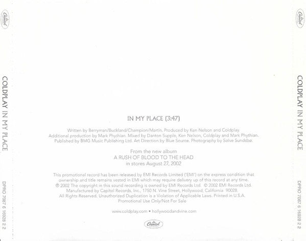 Coldplay : In My Place (CD, Single, Promo)