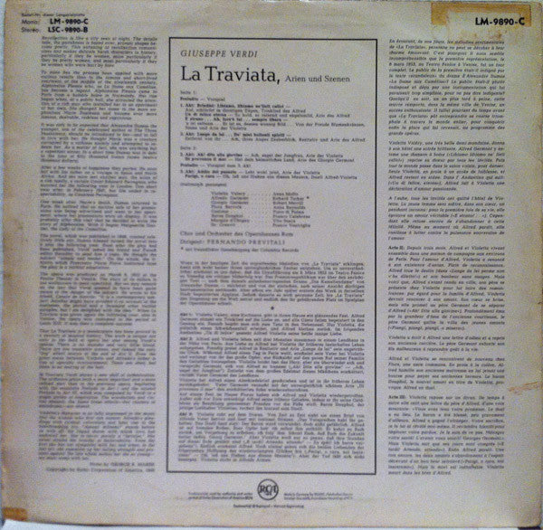 Giuseppe Verdi / Orchestra Del Teatro Dell'Opera Di Roma And Coro Del Teatro Dell'Opera Di Roma Conducted By Fernando Previtali, Anna Moffo, Richard Tucker (2), Robert Merrill : La Traviata (LP, Mono)
