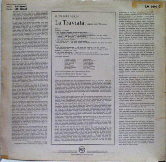 Giuseppe Verdi / Orchestra Del Teatro Dell'Opera Di Roma And Coro Del Teatro Dell'Opera Di Roma Conducted By Fernando Previtali, Anna Moffo, Richard Tucker (2), Robert Merrill : La Traviata (LP, Mono)