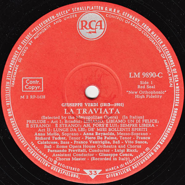 Giuseppe Verdi / Orchestra Del Teatro Dell'Opera Di Roma And Coro Del Teatro Dell'Opera Di Roma Conducted By Fernando Previtali, Anna Moffo, Richard Tucker (2), Robert Merrill : La Traviata (LP, Mono)