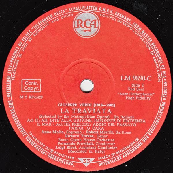 Giuseppe Verdi / Orchestra Del Teatro Dell'Opera Di Roma And Coro Del Teatro Dell'Opera Di Roma Conducted By Fernando Previtali, Anna Moffo, Richard Tucker (2), Robert Merrill : La Traviata (LP, Mono)