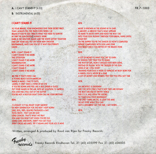 Twenty 4 Seven Feat. MC Fixx It : I Can't Stand It (7", Single)
