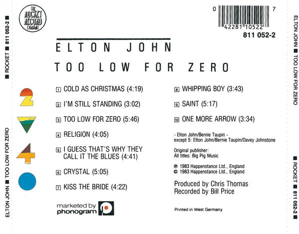Elton John : Too Low For Zero (CD, Album, Wat)