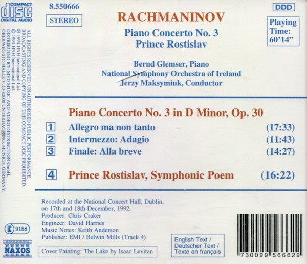 Sergei Vasilyevich Rachmaninoff - Bernd Glemser, National Symphony Orchestra Of Ireland, Jerzy Maksymiuk : Piano Concerto No. 3 / Prince Rostislav (CD, Album)
