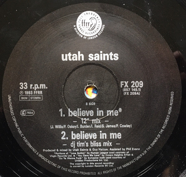 Utah Saints : Believe In Me (12")