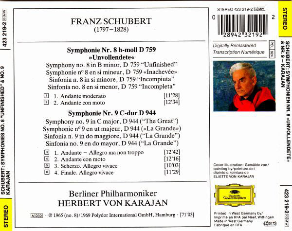 Franz Schubert : Herbert von Karajan, Berliner Philharmoniker : Symphonie Nr. 8 »Unvollendete« / Symphonie Nr. 9 C-dur (CD, Comp, RM)