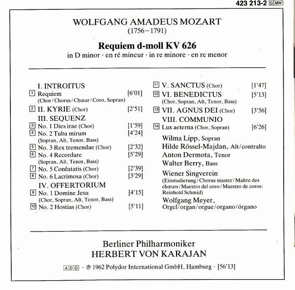 Wolfgang Amadeus Mozart : Herbert von Karajan, Wilma Lipp · Hilde Rössel-Majdan · Anton Dermota · Wiener Singverein · Berliner Philharmoniker : Requiem (CD, Album, RM)