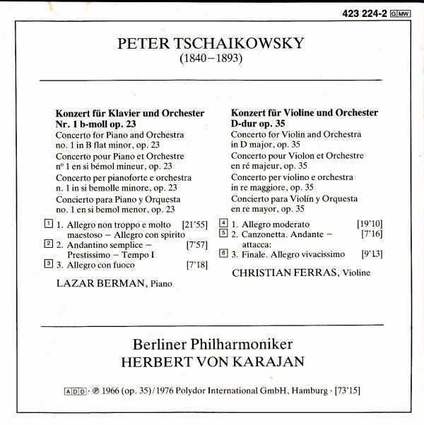 Pyotr Ilyich Tchaikovsky : Herbert von Karajan, Lazar Berman · Christian Ferras · Berliner Philharmoniker : Klavierkonzert Nr. 1 B-moll / Violinkonzert D-dur (CD, Comp, RM)