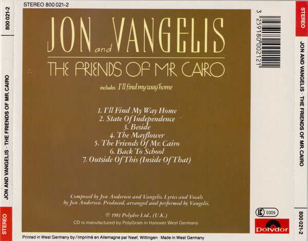 Jon & Vangelis : The Friends Of Mr. Cairo (CD, Album, RE)