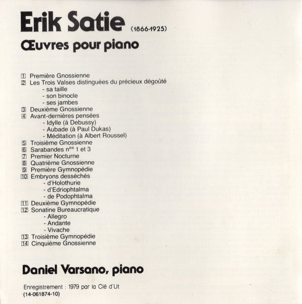 Daniel Varsano / Erik Satie : Oeuvres Pour Piano (CD, Album, RE)