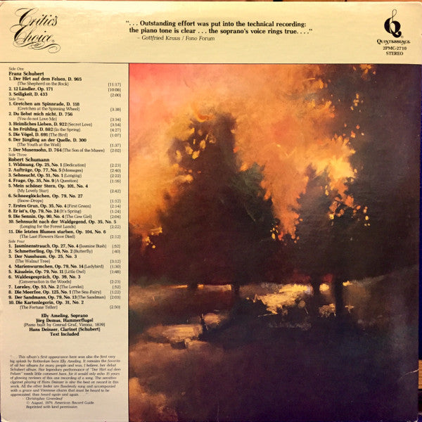 Franz Schubert / Robert Schumann - Elly Ameling, Jörg Demus, Hans Deinzer : The Artistry Of Elly Ameling Featuring Selections Of Schubert And Schumann (2xLP, Comp, RM)