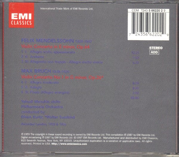 Yehudi Menuhin, Max Bruch, Felix Mendelssohn-Bartholdy, Philharmonia Orchestra, Efrem Kurtz, Walter Susskind : Violin Concertos (CD, Comp)