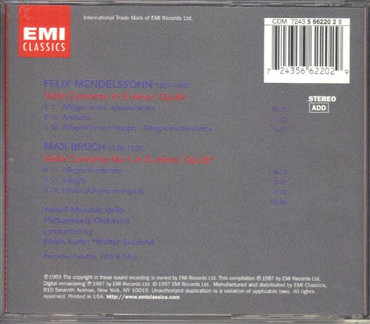 Yehudi Menuhin, Max Bruch, Felix Mendelssohn-Bartholdy, Philharmonia Orchestra, Efrem Kurtz, Walter Susskind : Violin Concertos (CD, Comp)