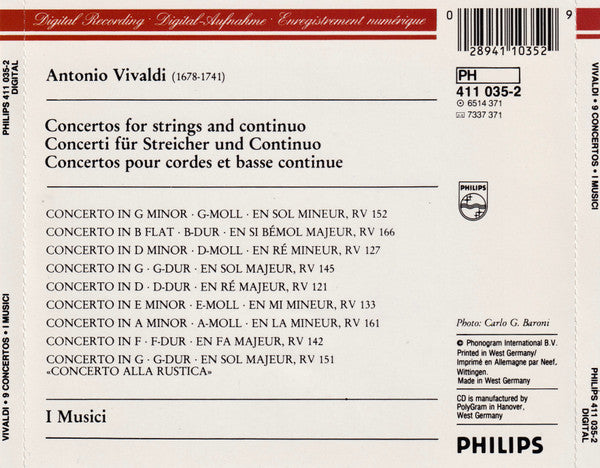 Antonio Vivaldi, I Musici : 9 Concertos (CD, Album)