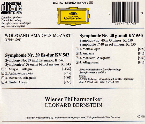 Wolfgang Amadeus Mozart, Wiener Philharmoniker, Leonard Bernstein : Symphonien No.39•No.40 (CD, Album)
